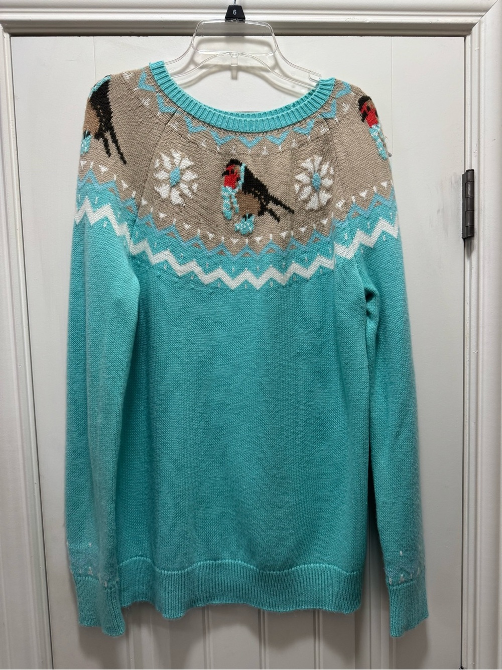 Talbots Medium Turquoise Blue Holiday Bird Fair Isle Sweater Lambswool Knit Cozy